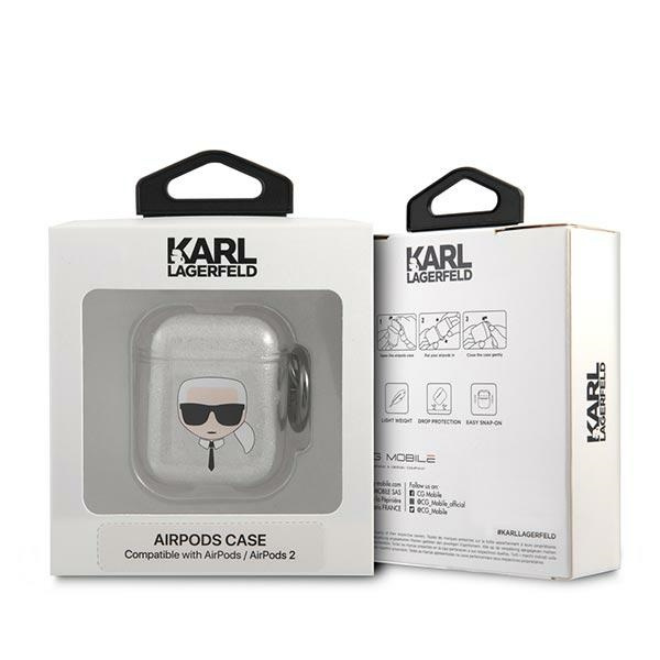 Hülle KARL LAGERFELD Apple AirPods Glitter Karl`s Head Silber Case